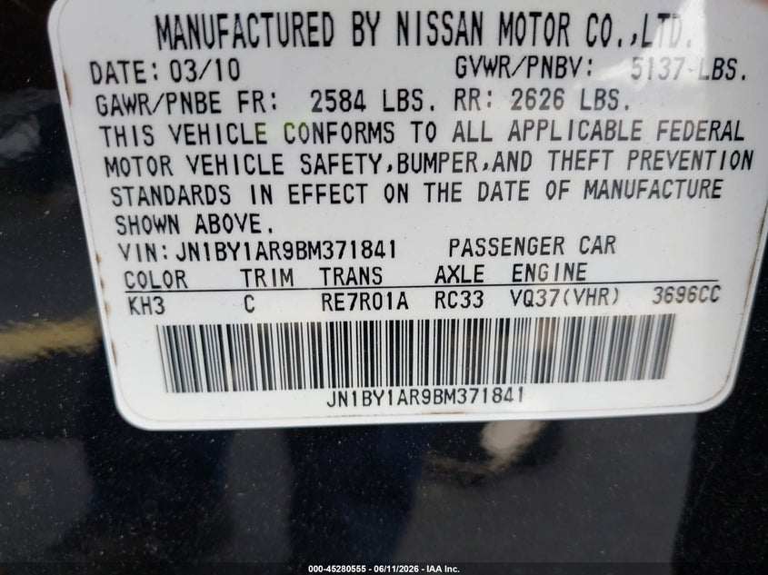 2011 Infiniti M37 VIN JN1BY1AR9BM371841 IAAI salvage auction — RIGHT FRONT, Rebuildable (Florida), sold $375 on 2026-07-09 (photo 9)