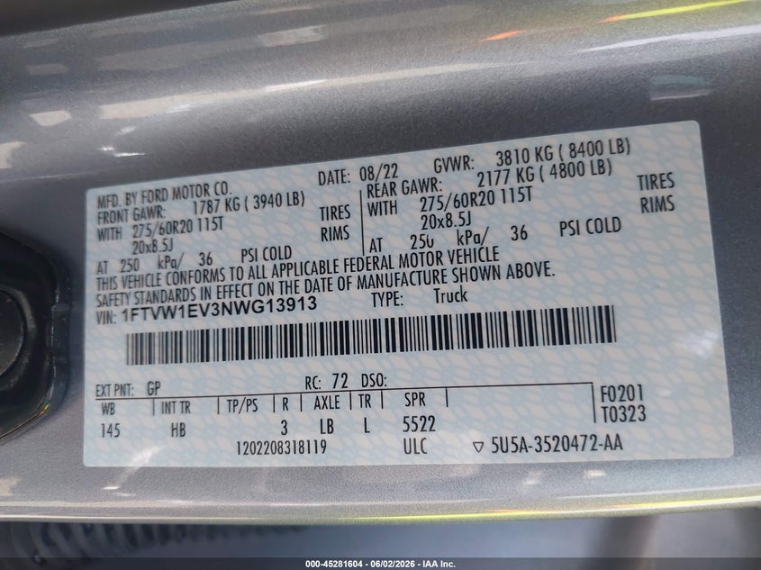 2022 Ford F-150 VIN 1FTVW1EV3NWG13913 IAAI salvage auction — FRONT END, Salvage Title, sold $23,700 on 2026-07-11 (photo 9)