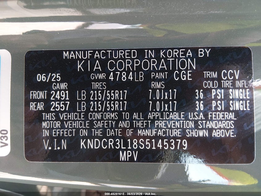 2025 Kia Niro VIN KNDCR3L18S5145379 IAAI salvage auction — LEFT REAR, Salvage Title, sold $13,900 on 2026-07-30 (photo 9)
