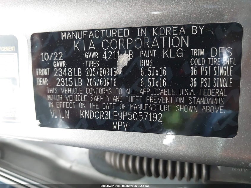 2023 Kia Niro VIN KNDCR3LE9P5057192 IAAI salvage auction — REAR END, Salvage Title, sold $5,100 on 2026-07-29 (photo 9)