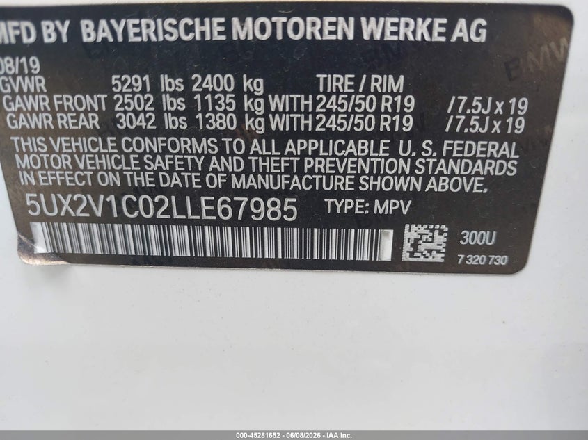 2020 BMW X4 VIN 5UX2V1C02LLE67985 IAAI salvage auction — REAR END, Salvage Title, sold $9,800 on 2026-07-08 (photo 9)