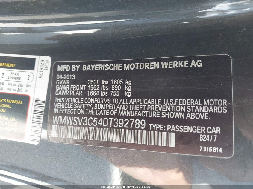 2013 Mini Hard top VIN WMWSV3C54DT392789 IAAI salvage auction — REAR END, Salvage Title, sold $750 on 2026-07-23 (photo 9)
