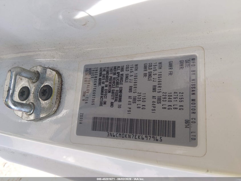 2014 Nissan Nv200 VIN 3N6CM0KN7EK697965 IAAI salvage auction — LEFT REAR, Salvage (Tennessee), sold $1,975 on 2026-07-24 (photo 9)