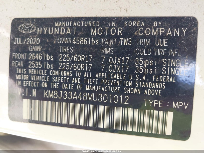 2021 Hyundai Tucson VIN KM8J33A48MU301012 IAAI salvage auction — FRONT & REAR, Salvage Title, sold $3,950 on 2026-07-30 (photo 9)