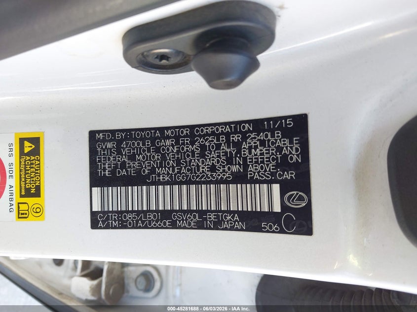 2016 Lexus ES VIN JTHBK1GG7G2233995 IAAI salvage auction — RIGHT SIDE, Salvage Title, sold $3,750 on 2026-07-15 (photo 9)