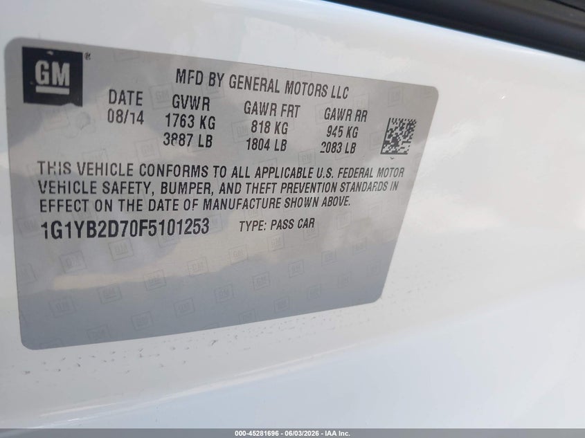 2015 Chevrolet Corvette VIN 1G1YB2D70F5101253 IAAI salvage auction — REAR END, Salvage Title, sold $19,400 on 2026-07-08 (photo 9)