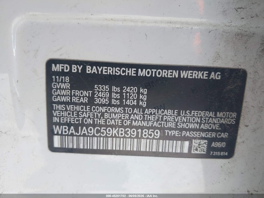 2019 BMW 5er VIN WBAJA9C59KB391859 IAAI salvage auction — UNKNOWN, Salvage Title, sold $5,050 on 2026-07-17 (photo 9)
