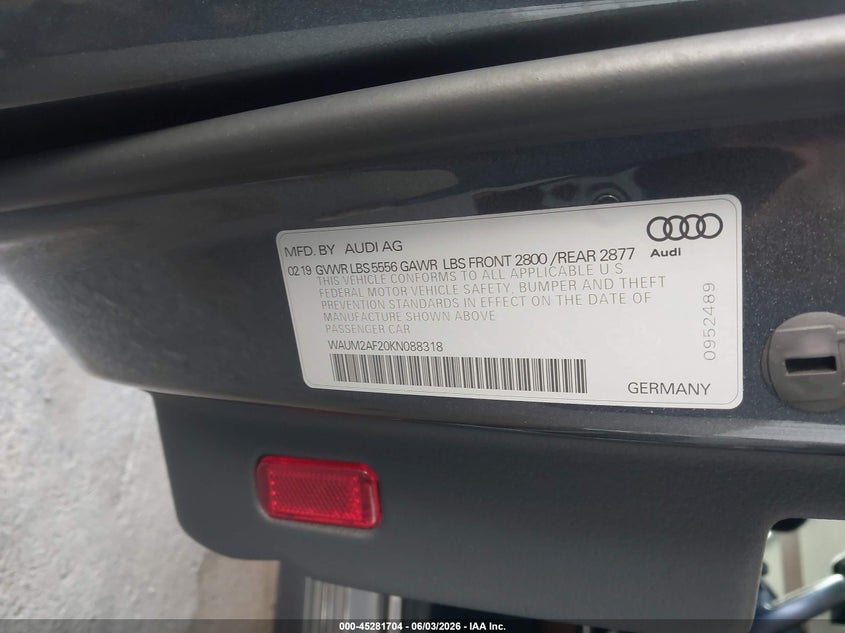 2019 Audi A6 VIN WAUM2AF20KN088318 IAAI salvage auction — RIGHT FRONT, Salvage Title, sold $11,100 on 2026-07-29 (photo 9)