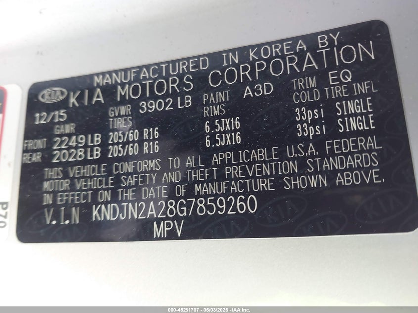 2016 Kia Soul VIN KNDJN2A28G7859260 IAAI salvage auction — LEFT SIDE, Salvage Title, sold $1,250 on 2026-07-06 (photo 9)