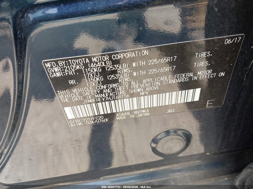 2017 Toyota Rav 4 VIN JTMRFREV7HJ168156 IAAI salvage auction — REAR END, Salvage (Massachusetts), sold $5,900 on 2026-07-07 (photo 9)