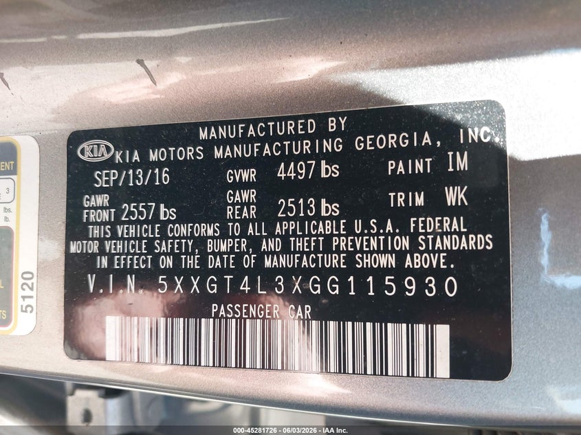 2016 Kia Optima VIN 5XXGT4L3XGG115930 IAAI salvage auction — NORMAL WEAR, Salvage Title, sold $500 on 2026-07-29 (photo 9)