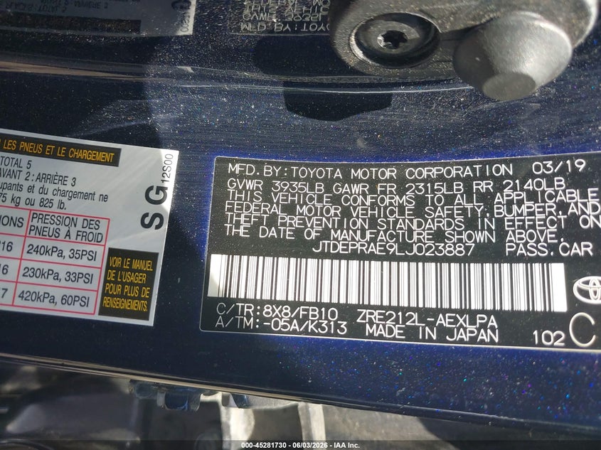 2020 Toyota Corolla VIN JTDEPRAE9LJ023887 IAAI salvage auction — FRONT END, Salvage Title, sold $3,000 on 2026-07-14 (photo 9)