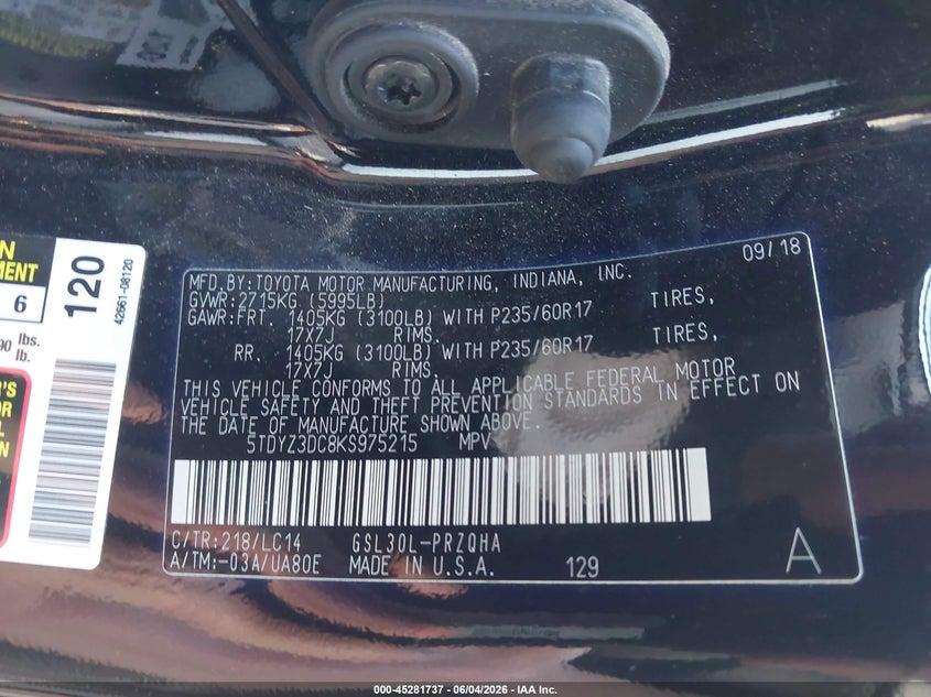 2019 Toyota Sienna VIN 5TDYZ3DC8KS975215 IAAI salvage auction — FRONT END, Salvage Title, sold $1,150 on 2026-07-16 (photo 9)
