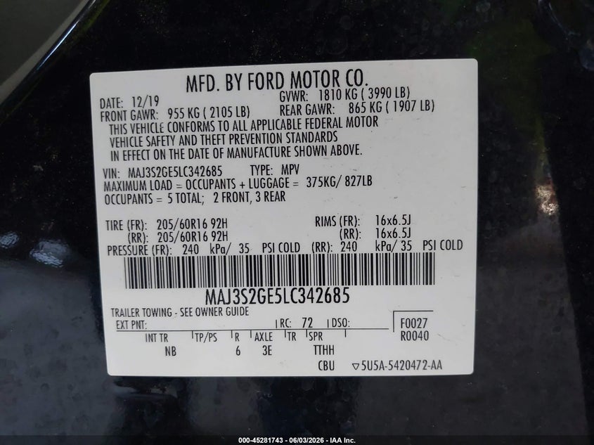 2020 Ford Ecosport VIN MAJ3S2GE5LC342685 IAAI salvage auction — REAR END, Salvage Title, sold $2,275 on 2026-07-07 (photo 9)