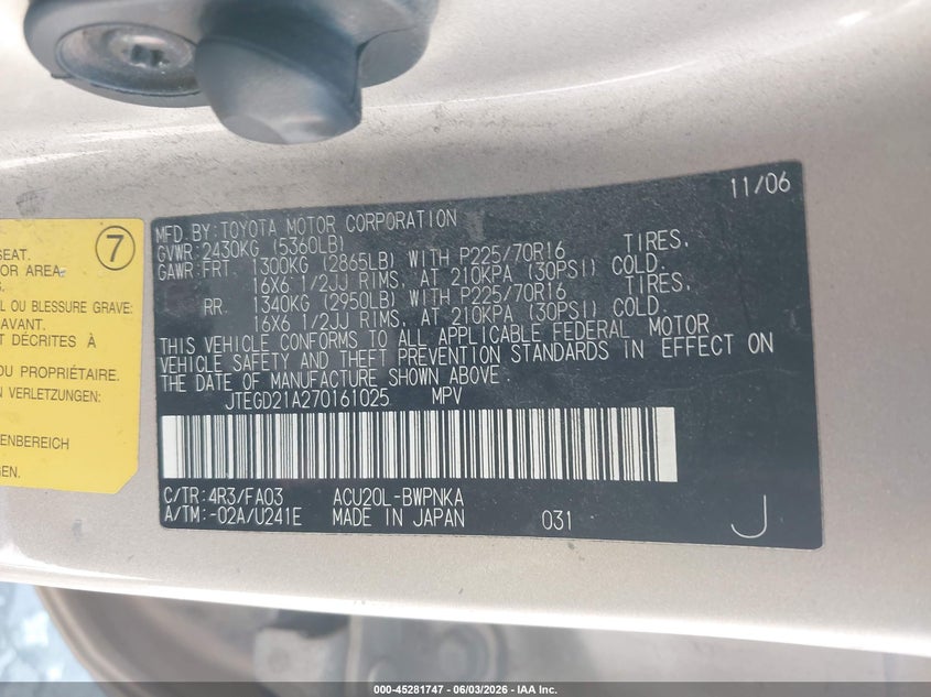 2007 Toyota Highlander VIN JTEGD21A270161025 IAAI salvage auction — NORMAL WEAR, Clear - Dealer Only (California), sold $600 on 2026-07-17 (photo 9)