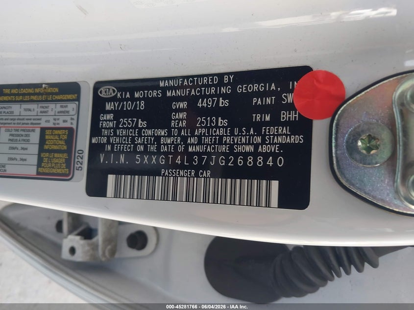 2018 Kia Optima VIN 5XXGT4L37JG268840 IAAI salvage auction — SUSPENSION, Salvage Title, sold $1,225 on 2026-07-06 (photo 9)