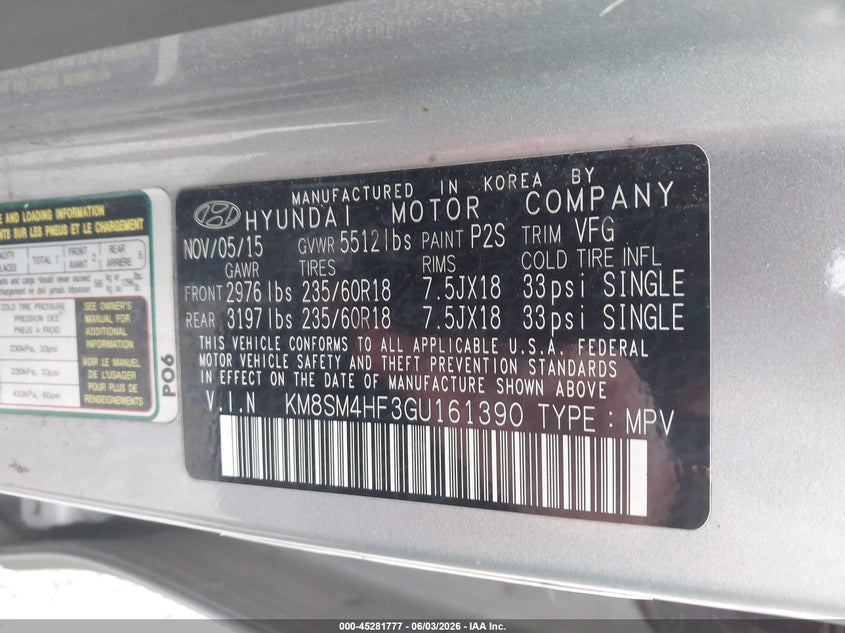 2016 Hyundai Santa fe VIN KM8SM4HF3GU161390 IAAI salvage auction — NORMAL WEAR, Clear (Mississippi), sold $1,850 on 2026-07-17 (photo 9)