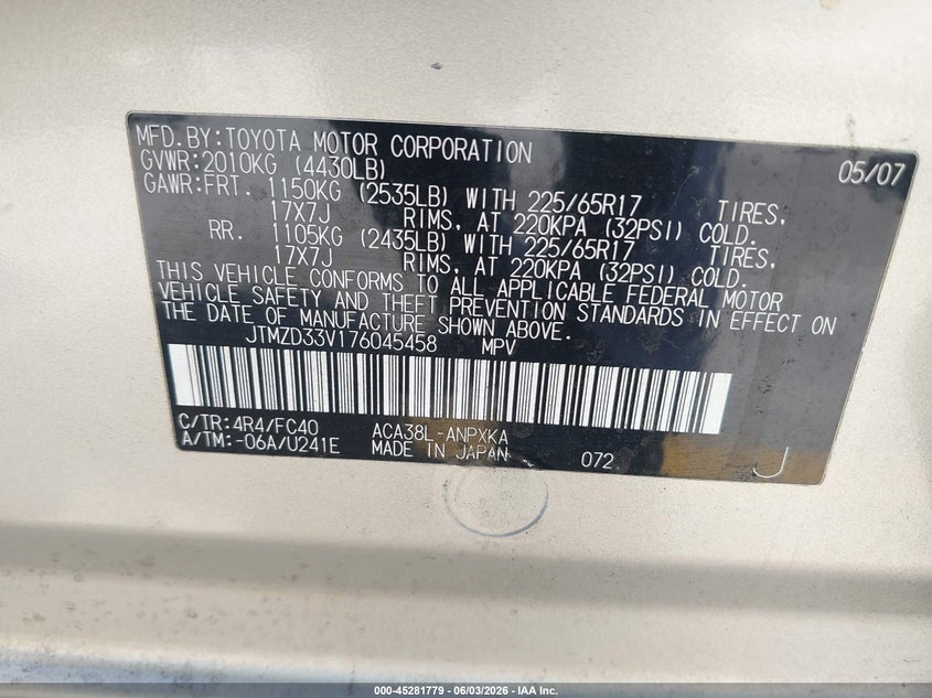 2007 Toyota Rav 4 VIN JTMZD33V176045458 IAAI salvage auction — REAR END, Salvage (California), sold $1,550 on 2026-07-13 (photo 9)
