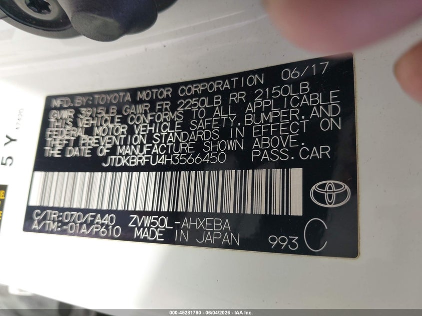 2017 Toyota Prius VIN JTDKBRFU4H3566450 IAAI salvage auction — NORMAL WEAR, Salvage Title, sold $3,850 on 2026-07-13 (photo 9)