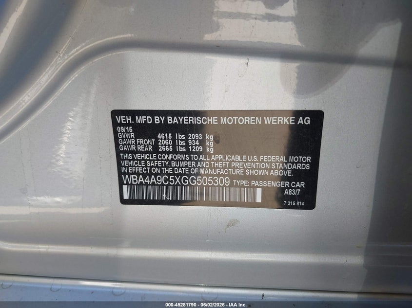 2016 BMW 4er VIN WBA4A9C5XGG505309 IAAI salvage auction — FRONT END, Salvage Title, sold $2,100 on 2026-07-15 (photo 9)