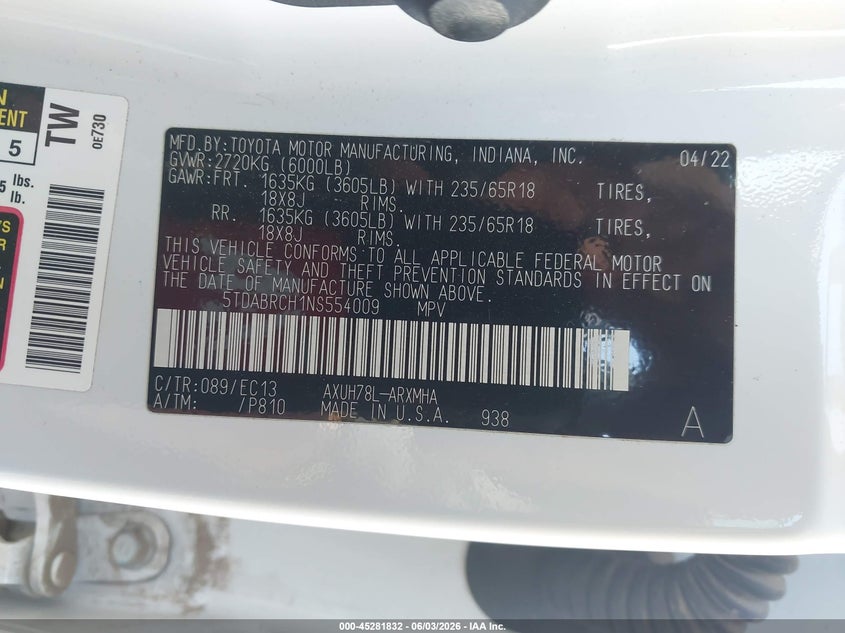 2022 Toyota Highlander VIN 5TDABRCH1NS554009 IAAI salvage auction — FRONT END, Salvage Title, sold $13,400 on 2026-07-09 (photo 9)