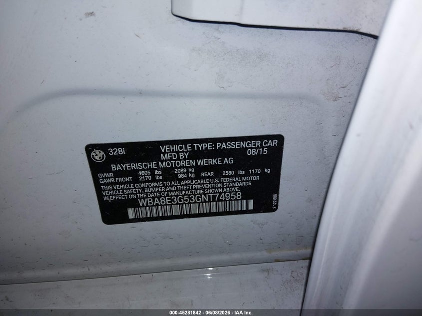 2016 BMW 3er VIN WBA8E3G53GNT74958 IAAI salvage auction — FRONT END, Salvage (Oregon), sold $5,400 on 2026-08-13 (photo 9)