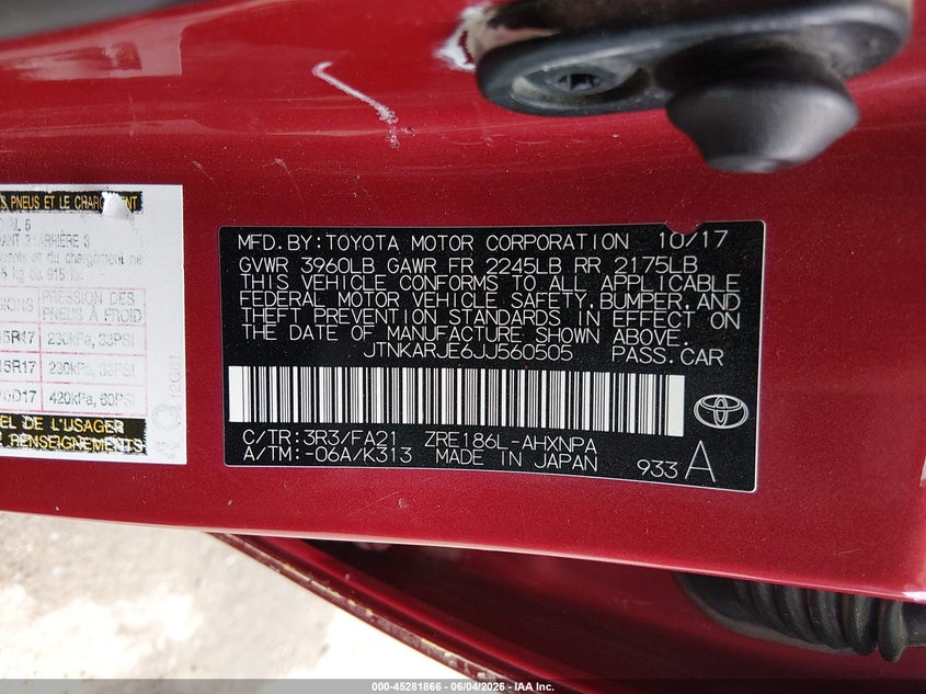 2018 Toyota Corolla VIN JTNKARJE6JJ560505 IAAI salvage auction — FRONT END, Salvage Title, sold $25 on 2026-07-29 (photo 9)