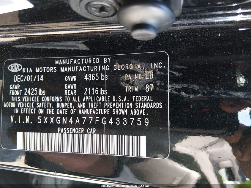 2015 Kia Optima VIN 5XXGN4A77FG433759 IAAI salvage auction — NORMAL WEAR, Clear (Delaware), sold $600 on 2026-07-13 (photo 9)