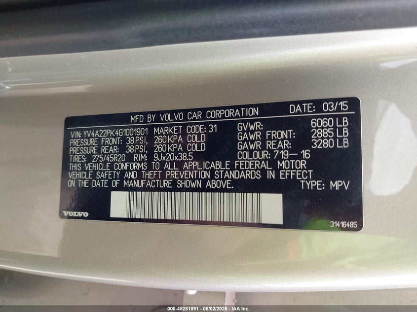 2016 Volvo Xc90 VIN YV4A22PK4G1001901 IAAI salvage auction — NORMAL WEAR, Salvage Title, sold $2,200 on 2026-07-29 (photo 9)