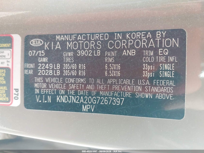 2016 Kia Soul VIN KNDJN2A20G7267397 IAAI salvage auction — FRONT END, Salvage Title, sold $675 on 2026-07-11 (photo 9)