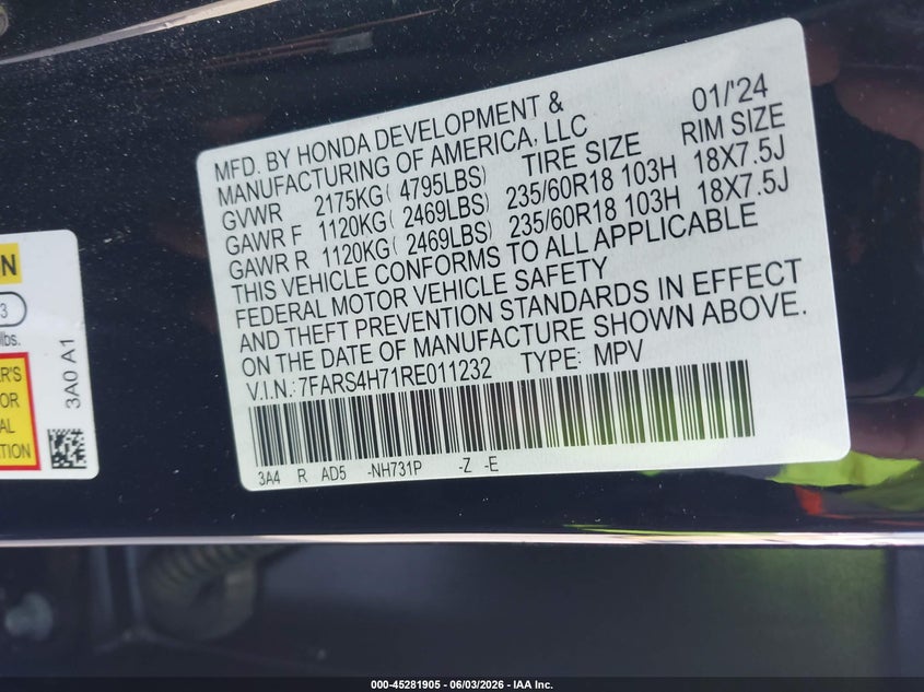 2024 Honda Cr-v VIN 7FARS4H71RE011232 IAAI salvage auction — LEFT FRONT, Salvage Title, sold $12,800 on 2026-07-25 (photo 9)
