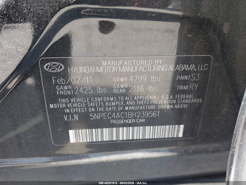 2011 Hyundai Sonata VIN 5NPEC4AC1BH239561 IAAI salvage auction — NORMAL WEAR, Clear - Dealer Only (California), sold $350 on 2026-07-07 (photo 9)