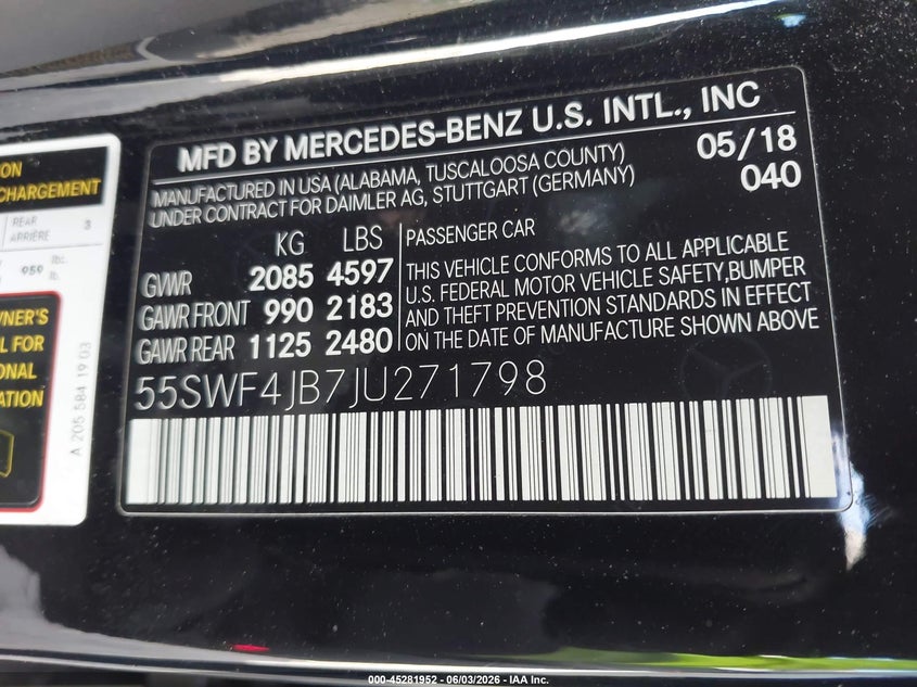 2018 Mercedes-benz C-klasse VIN 55SWF4JB7JU271798 IAAI salvage auction — LEFT FRONT, Salvage Title, sold $7,500 on 2026-07-19 (photo 9)