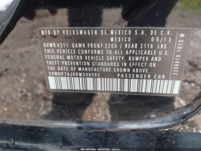 2013 Volkswagen Jetta VIN 3VWDP7AJ6DM308092 IAAI salvage auction — RIGHT FRONT, Salvage Title, sold $200 on 2026-07-22 (photo 9)