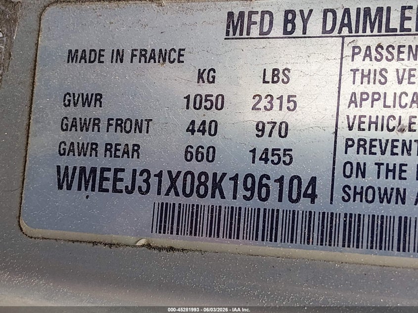 2008 Smart Fortwo VIN WMEEJ31X08K196104 IAAI salvage auction — NORMAL WEAR, Clear - Public Restricted (Oregon), sold $225 on 2026-08-17 (photo 9)