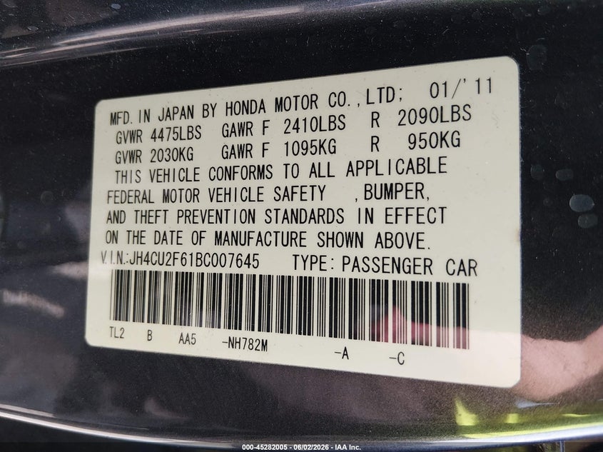 2011 Acura Tsx VIN JH4CU2F61BC007645 IAAI salvage auction — NORMAL WEAR, Clear (Massachusetts), sold $1,450 on 2026-07-07 (photo 9)