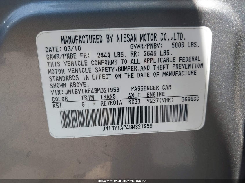 2011 Infiniti M37 VIN JN1BY1AP4BM321959 IAAI salvage auction — ROOF, Salvage (California), sold $1,200 on 2026-07-15 (photo 9)