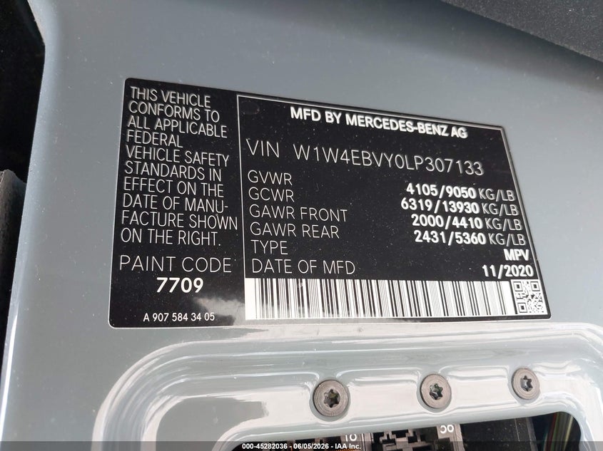 2020 Mercedes-benz Sprinter VIN W1W4EBVY0LP307133 IAAI salvage auction — SIDE, Salvage Title, sold $27,250 on 2026-07-21 (photo 9)
