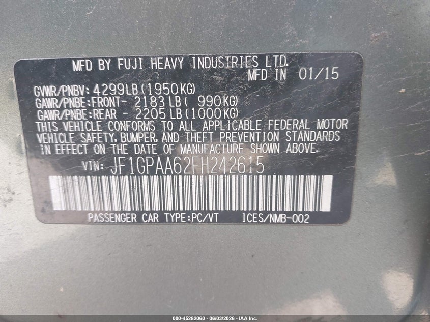 2015 Subaru Impreza VIN JF1GPAA62FH242615 IAAI salvage auction — FRONT END, Salvage Title, sold $25 on 2026-07-28 (photo 9)