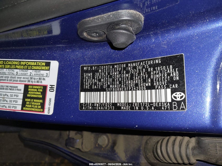 2015 Toyota Corolla VIN 5YFBURHEXFP342006 IAAI salvage auction — RIGHT REAR, Salvage Title, sold $3,500 on 2026-07-30 (photo 9)