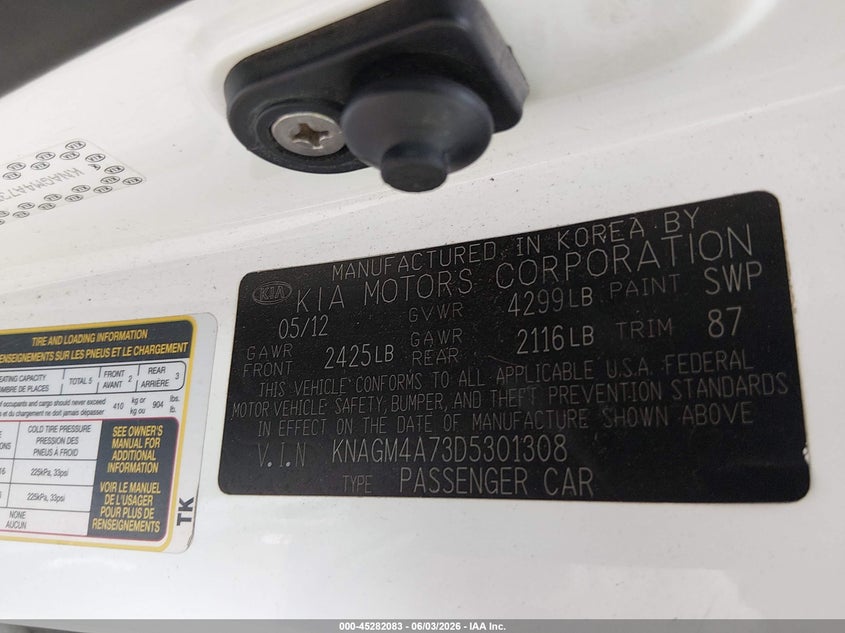 2013 Kia Optima VIN KNAGM4A73D5301308 IAAI salvage auction — REAR END, Salvage Title, sold $1,125 on 2026-07-24 (photo 9)
