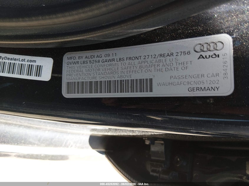 2012 Audi A6 VIN WAUHGAFC9CN051202 IAAI salvage auction — NORMAL WEAR, Reconstructed (Massachusetts), sold $675 on 2026-07-28 (photo 9)