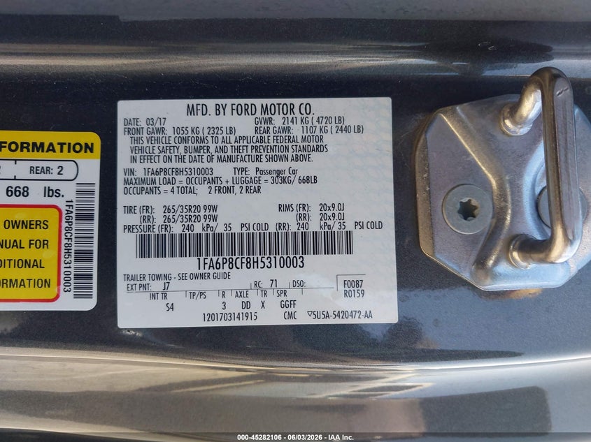 2017 Ford Mustang VIN 1FA6P8CF8H5310003 IAAI salvage auction — RIGHT FRONT, Salvage Title, sold $10,800 on 2026-08-20 (photo 9)