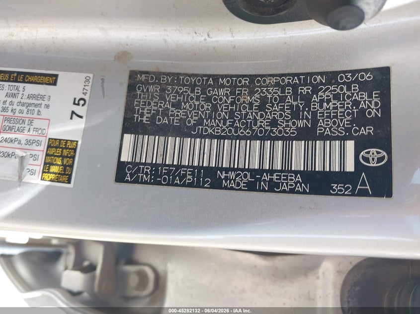 2006 Toyota Prius VIN JTDKB20U667073035 IAAI salvage auction — LEFT REAR, Clear (Arizona), sold $425 on 2026-07-23 (photo 9)