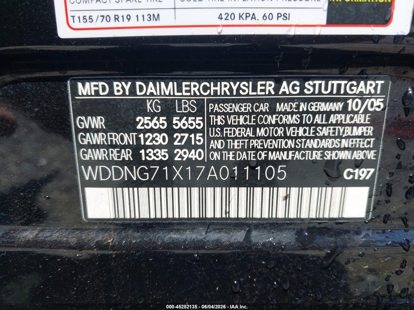 2007 Mercedes-benz S class VIN WDDNG71X17A011105 IAAI salvage auction — LEFT FRONT, Repossession Paperwork (Georgia), sold $800 on 2026-07-06 (photo 9)