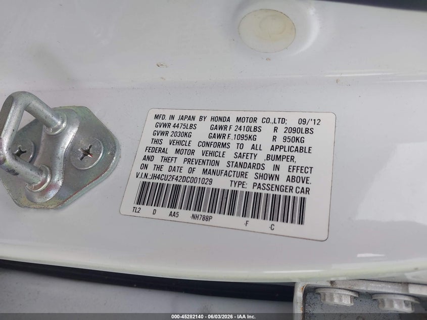 2013 Acura Tsx VIN JH4CU2F42DC001029 IAAI salvage auction — RIGHT REAR, Clear (Florida), sold $1,000 on 2026-07-09 (photo 9)