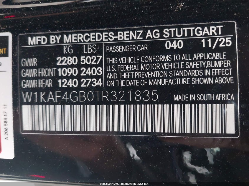 2026 Mercedes-benz C-klasse VIN W1KAF4GB0TR321835 IAAI salvage auction — LEFT SIDE, Salvage Title, sold $21,300 on 2026-07-09 (photo 9)