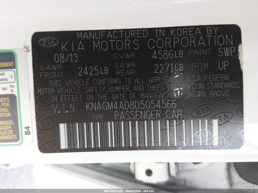2013 Kia Optima VIN KNAGM4AD8D5054566 IAAI salvage auction — REAR END, Salvage Title, sold $1,350 on 2026-07-06 (photo 9)