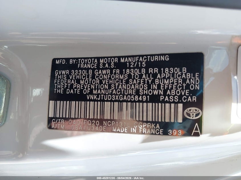 2016 Toyota Yaris VIN VNKJTUD3XGA058491 IAAI salvage auction — FRONT END, Salvage Title, sold $25 on 2026-07-29 (photo 9)