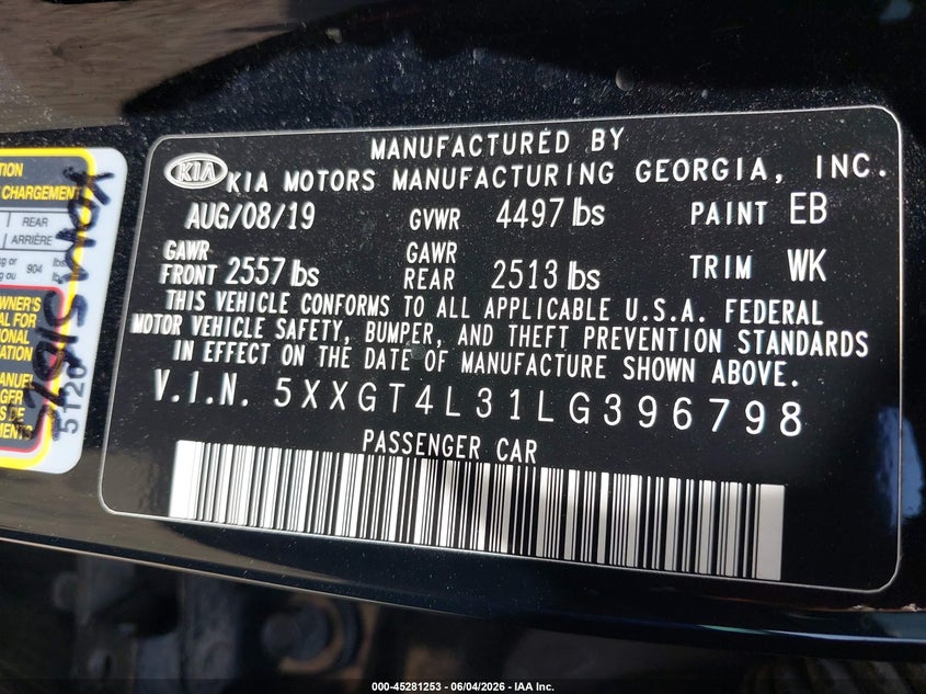 2020 Kia Optima VIN 5XXGT4L31LG396798 IAAI salvage auction — FRONT END, Salvage Title, sold $1,650 on 2026-07-08 (photo 9)